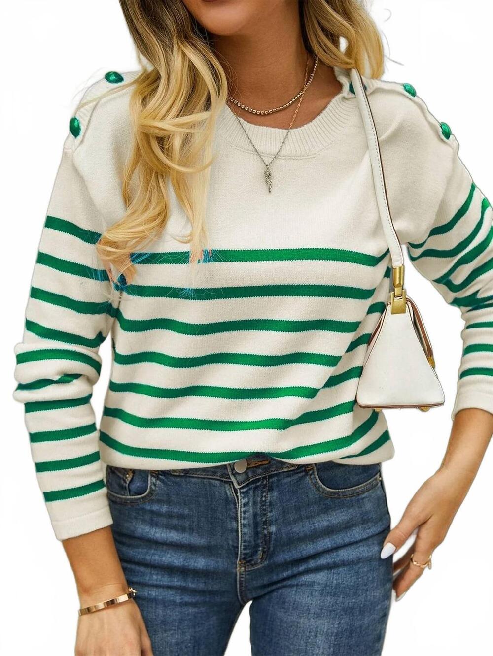 NEW EPRETTY striped button detail knit sweater in green